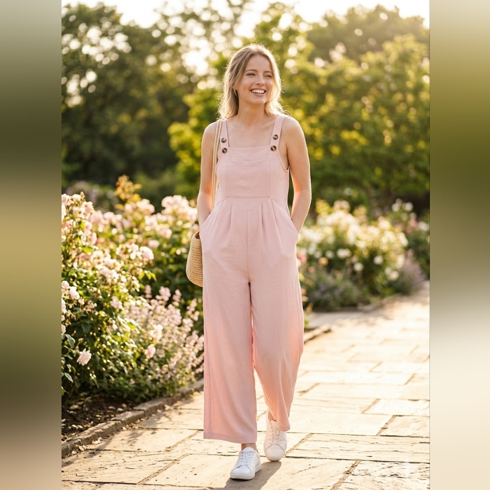 Boho Dusty Rose Wide Leg Jumpsuit - Textured Crepe Overalls